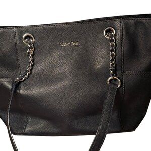 CALVIN KLEIN Large Black Tote Shoulder Bag Purse ,Hardware Strap